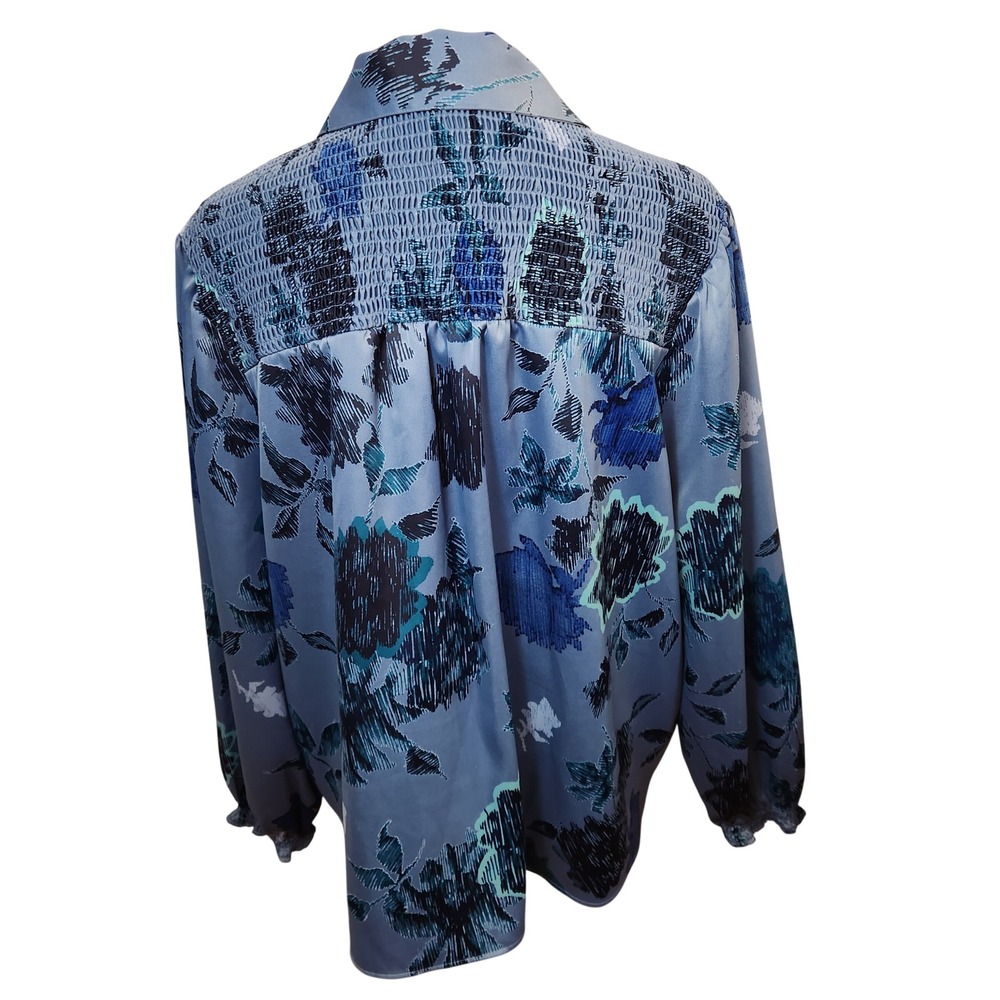 Canyon Retreat‎ Womens XL Blue Floral Print Collared Smocked Top Office Blouse - Picture 3 of 12